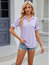 cheap Lace Tops-Women&#039;s Boho T-shirt Plain Bohemia Cute Stylish Short Sleeve Puff Sleeve V Neck Shirt Collar Regular Tops Daily Going out Weekend Ruffle Eyelet Sage Green Black White Pink Wine Summer