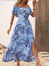 preiswerte Blumenkleider-Damen Midi Kleid Korsett Kleid Rüschens Kleid Off-the-Shoulder Kleid Urlaub Strand Urlaub Täglicher Regular Fit Grafik Kurzarm Off-Shoulder Gelb Hellgrün Himmelblau Orange Sommer