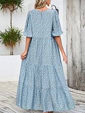 cheap Floral Dress-Women&#039;s Maxi Dress Puff Sleeve Dress Casual Lantern Sleeve Vacation Casual Daily Regular Fit Graphic 3/4 Length Sleeve Crew Neck Light Blue Summer