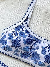 billiga Bikiniset-Dam Badkläder Bikini 2 st Kalsonger Baddräkt Öppen rygg Smal Semester Standkläder Blommig Asymmetrisk hals Ärmlös Baddräkter
