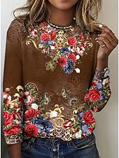 billige Blomster t-skjorte-Dame T skjorte Blomstret Grafisk Fritid Langermet Crew-hals Vanlige topper Daglig Trykt mønster Brun Vår Høst