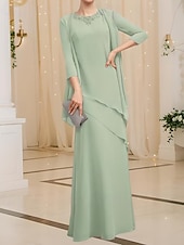 preiswerte Mit Jacke-Zweiteiliges Kleid der Mutter der Braut Elegant Vintage Einfach Juwel-Ausschnitt Bodenlang Chiffon 3/4 Länge Ärmel Jackett Kleider mit Pailletten Beading Kaskadierende Rüschen