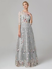 economico FLORALI-Matrimonio in Spiaggia Abito da Sera A-Line Elegante Vestito Ospite di Matrimonio Lunghezza A Terra Manica 3/4 Collo Illusione Pizzo con Ricamo 2025