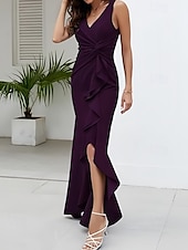 abordables Robes pour invitées de mariage-Trapèze Robes d&#039;invité de mariage Fente latérale Robe robe demoiselle d honneur Asymétrique Sans Manches Col V Invité de mariage d&#039;automne Crêpe Stretch avec Ruché Volants Fendue 2025