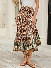 economico Gonne grafiche-Per donna Gonna lunga Boemia Boho Lungo Maxi Vita alta Gonne Leopardo Color Block Collage Stampa Media elasticità Per eventi Spiaggia Marrone Quattro stagioni Poliestere Viscosa