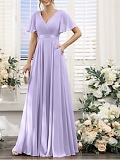 baratos Vestidos para Madrinhas-Linha A Vestido de Madrinha Decote V Manga Curta Elegante Longo Chiffon com Franzido 2022