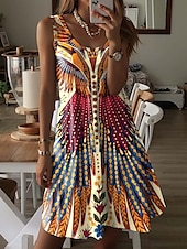 tanie Sukienki boho-Damskie Sukienka mini Codzienne sukienki Sukienka etniczna Mini sukienka Sukienka letnia Bohema Urlop Zabytkowe Urlop Codzienny Święto Regularny Graficzny Ditsy kwiatowy Bez rękawów Półgolf