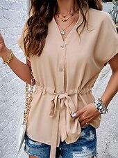 cheap Plain tee-Women&#039;s Shirt Blouse Solid Color Stylish Casual Short Sleeve Notched Neck Regular Tops Daily Buttons Drawstring Black Wine Blue Green Beige Summer
