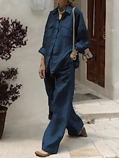 economico Set in cotone e lino-Per donna Moda Streetwear Quotidiano Camicia Set ispirati al lino Set da due pezzi Pantaloni a Gamba Larga Manica Lunga Colletto a Camicia Semplice Casuale Quotidiano Bianco Rosa Verde militare Estate
