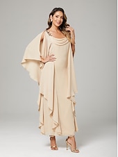 abordables Longueur du plancher-Robe de la mère de la mariée fourreau  colonne élégante invitée de mariage taille plus col rond longueur de sol chiffon manches mi-longue avec perles volants en cascade 2025
