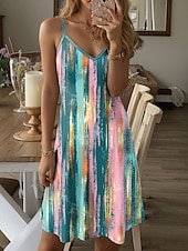 preiswerte Kunst &amp; Design Kleider-Damen Mini Kleid Freizeitkleid Petite Kleid Sommerkleid Urlaub Freizeit Täglicher Urlaub Regular Fit Grafischer Streifen Ärmellos V-Ausschnitt Grün Sommer