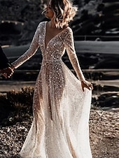 preiswerte lässige Brautkleider-Hochzeitskleider Ballkleid V-Ausschnitt Langarm Kapelle Zug Satin Brautkleider mit Falten gerafft
