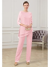 abordables Combinaisons pour maman-Combinaison  Tailleur Mère de la Mariée Élégant Col Bijou Longueur Sol Chiffon Manches Mi-Longues avec Ruching taille personnalisée gratuite
