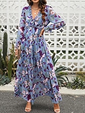 preiswerte Unter 129,99 $-Kleid Brautmutterkleid Elegantes Lässiges V-Ausschnitt bodenlang Polyester Langarm mit Knöpfen Hochzeitsgastkleid 2025