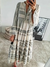cheap Stripe&amp;Geometric Dress-Women&#039;s Maxi Dress T Shirt Dress Tee Dress Sundress Ruffle Dress Fit And Flare Dress Vacation Vacation Daily Regular Fit Graphic Long Sleeve V Neck Red Gray Summer