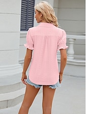 cheap Lace Tops-Women&#039;s Boho T-shirt Plain Bohemia Cute Stylish Short Sleeve Puff Sleeve V Neck Shirt Collar Regular Tops Daily Going out Weekend Ruffle Eyelet Sage Green Black White Pink Wine Summer