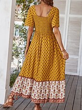 tanie Wakacyjne sukienki-Damskie Sukienka maxi Codzienne sukienki Sukienka rozkloszowana Sukienka A line Elegancki Codzienny Urlop Codzienny Regularny Kwiaty Krótki rękaw Kwadratowy dekolt Żółty Rumiany róż Pomarańczowy