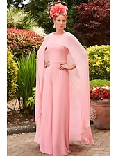 abordables Combinaisons pour maman-Jumpsuit colonne rose bleu formel mère de la mariée mariage élégant vintage col bijou longueur au sol chiffon extensible manches courtes avec ceinture  ruban robe de jour de course