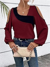 preiswerte Damen Einfache Oberteile-Damen Hemd Bluse Farbblock Elegant Täglich Stilvoll Langarm Laternenärmel U-Ausschnitt Normale Oberteile Arbeit Täglich Festtage Patchwork Wein Blau Beige Frühling Herbst