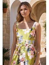 baratos Vestidos de Cocktail-Vestidos de Coquetel em A Vestido Elegante Formal Festa de Noite Comprimento Chá Sem Mangas Decote Quadrado Bolso Cetim com Estampa Floral Vestido para Convidada de Casamento