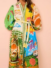 preiswerte Hawaiikleid-Damen Midikleid A Linie Kleid Figurbetontes Kleid Kleid mit Puffärmeln Urlaub Puffärmel Urlaub Casual Täglich Regular Fit Graphic Langarm Hemdkragen Grün Sommer