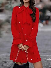 cheap Plain Dress-Women&#039;s Mini Dress Work Dresses Party Semi Formal Party Work Regular Fit Graphic Long Sleeve High Neck Black Red Summer Spring Fall