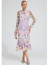 cheap Cocktail Dresses-Floral Embroidered A-Line Dress Mother of the Bride Dress Wedding  Elegant Vintage Illusion Neck Ankle Length Tulle Long Sleeve with Appliques Flower 2025
