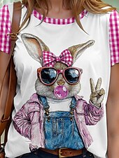 tanie Koszulka wielkanocna-Wielkanoc Damskie Podkoszulek Zwierzę Litera Elegancki Codzienny Krótki rękaw Okrągły dekolt Zwykłe topy Codzienny Weekend Nadruk Biały Rumiany róż Lato Wiosna