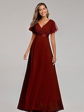 economico Abiti da sposa-Abiti da Prom A-Line Abito Elegante Ospite di Matrimonio Laurea Lunghezza Piena Maniche Corte Collo a V Abito da Damigella Chiffon con Schiena a V e Rouches