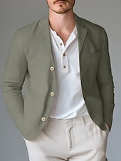 billige Blazere for menn-Herre Lett jakke Blazer i lin utendørs Kontor Daglig Vår sommer Bomull og lin Helfarge comfy Enkeltkneppet Blazer Lysegrønn Navyblå Kakifarget