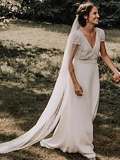 abordables robes de mariée décontractées-Robe de Mariée Ball Gown Col en V Bretelles Classiques Traîne de Chapelle Robes de Mariée en Chiffon avec Plis Ruchés