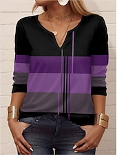 abordables T-shirt rayé et géométrique-Femme T shirt Géométrique Rayé Décontractées manche longue Col cranté Hauts réguliers du quotidien Imprimer Noir Bleu Violet Vert Eté Printemps Automne