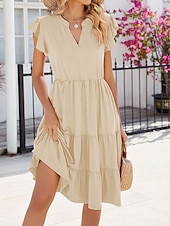 preiswerte Blumenkleider-Damen kleid lang Casual kleid Elegant Stilvoll Basic Urlaub Arbeit Casual Regular Fit Glatt Kurzarm V Ausschnitt Dunkel Braun Rosa Dunkelgrün Aprikose Sommer Frühling