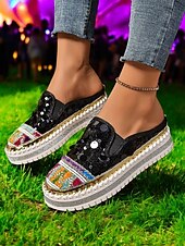 levne Pohodlné sandály-dámské zlaté flitrové tenisky na platformě mules – třpytivé slip-on boty s vyšívanými detaily pro festivaly, párty a street fashion
