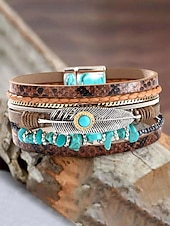 baratos Pulseira Feminina-Pulseira magnética de couro boho e turquesa - design ajustável em várias camadas com penas e pedras preciosas, perfeita para estilos casuais, de verão e festivais