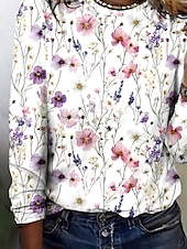 cheap Floral tee-Women&#039;s T Shirt Floral Elegant Vintage Fashion Long Sleeve Crew Neck Regular Tops Daily Going out Weekend Print White Summer Spring