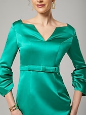 cheap Cocktail Dresses-Sheath / Column Cocktail Dresses Elegant Dress Formal Wedding Guest Knee Length 3/4 Length Sleeve V Neck Satin with Bow(s) Dresses