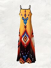 tanie Sukienki boho-Damskie Sukienka maxi Codzienne sukienki Sukienka A line Sukienka na ramiączkach Bohema Urlop Zabytkowe Urlop Codzienny Regularny Geometryczny Bez rękawów W serek Pomarańczowy Lato