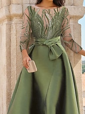 preiswerte GRÜN-Meerjungfrau/Trompete Abendkleid abnehmbarer Überrock formelle Hochzeit bodenlang 3/4 Ärmel Rundhals Satin Perlen Spitze mit Schlitz 2025