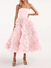 cheap Prom Dresses-Beach Wedding A-Line Prom Dresses Floral Dress Wedding Guest Quinceanera Ankle Length Sleeveless Strapless Tulle Backless with Ruched 2025