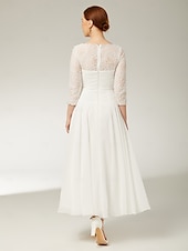 baratos Comprimento do chão-Vestido A-Line Para Mãe da Noiva Convidada Elegante Gola Redonda Comprimento do Tornozelo Chiffon Renda Mangas 3/4 com Franzido de Lantejoulas 2025
