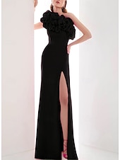 abordables Robes de Soirée-Robe de Soirée A-Line Rose Rouge Élégante Robe Formelle Mariage Longue au Sol Sans Manches Une Épaule Capes Crêpe Élastique avec Fleur sur l&#039;Épaule