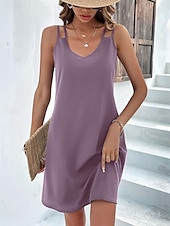 preiswerte Einfaches Kleid-Damen Mini Kleid T-Shirt Kleid Tee Kleid Shift Kleid Slip Kleid Lässig Urlaub Lässig Täglich Reguläre Passform Grafik Ärmellos V-Ausschnitt Schwarz Rosa Staubiges Rosa Helllila Sommer
