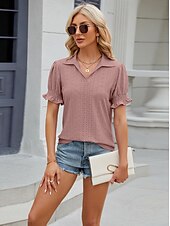 cheap Lace Tops-Women&#039;s Boho T-shirt Plain Bohemia Cute Stylish Short Sleeve Puff Sleeve V Neck Shirt Collar Regular Tops Daily Going out Weekend Ruffle Eyelet Sage Green Black White Pink Wine Summer