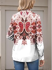 cheap Boho Tops-Women&#039;s Shirt Paisley Casual Long Sleeve Shirt Collar Regular Tops Work Daily Buttons Print Red Blue Orange Spring Fall Winter