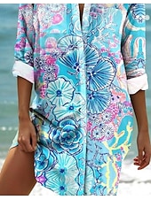 olcso hawaii ruha-Női Mini Ruha Ing Ruha Grafikus Elegáns Vintage Hölgyek Hosszú Ujjú Ing Gallér Hosszú Gombok Nyomtatott Kék Nyári Tavasz