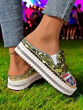 levne Pohodlné sandály-dámské zlaté flitrové tenisky na platformě mules – třpytivé slip-on boty s vyšívanými detaily pro festivaly, párty a street fashion