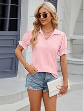 cheap Lace Tops-Women&#039;s Boho T-shirt Plain Bohemia Cute Stylish Short Sleeve Puff Sleeve V Neck Shirt Collar Regular Tops Daily Going out Weekend Ruffle Eyelet Sage Green Black White Pink Wine Summer