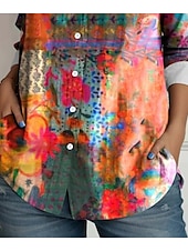 ieftine Topuri boho pentru femei-Bluză pentru femei cu mânecă lungă cu nasturi cu imprimeu floral casual cu guler regular bluză de lucru de zi imprimeu roz roșu albastru portocal curcubeu vară primăvară toamnă
