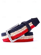 cheap Men&#039;s Belts-Men&#039;s Woven Braided Belt – Stylish and Durable Blue and Beige Design with Leather Accents, Adjustable and Comfortable for Casual or Formal Occasions